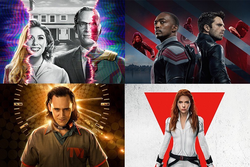 Marvel Studios公式ビジュアルの4分割コラージュ。左上『ワンダヴィジョン』、右上『ファルコン&ウィンター・ソルジャー』、左下『ロキ』、右下『ブラック・ウィドウ』のキーアート