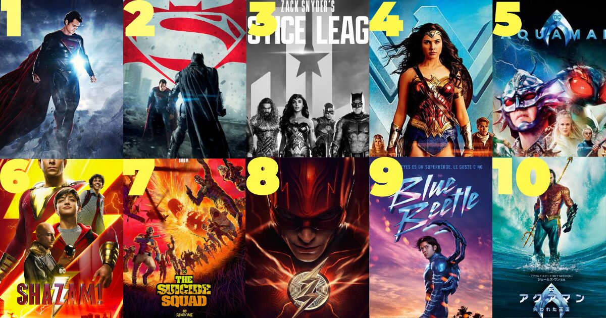 DC映画初心者向けおすすめ10本（マン・オブ・スティール／BvS／ZSJL／ワンダーウーマン／アクアマン／シャザム!／ザ・スーサイド・スクワッド／ザ・フラッシュ／ブルービートル／アクアマン／失われた王国）の公式ポスターを1〜10の順番で並べた視聴順イメージ画像