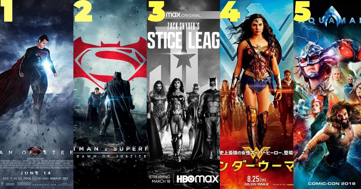 『マン・オブ・スティール』『バットマン vs スーパーマン』『ジャスティス・リーグ：ザック・スナイダーカット』『ワンダーウーマン』『アクアマン』を1〜5の順番で並べたDC映画おすすめ視聴順イメージ画像
