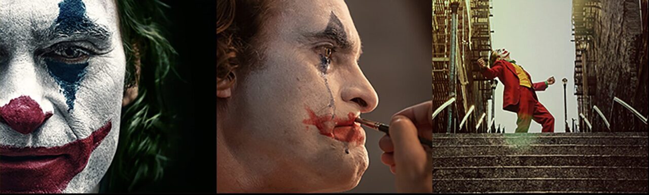 映画『ジョーカー』でメイクをしたアーサーと階段で踊る姿を並べた公式ビジュアル（Elseworlds作品の象徴）