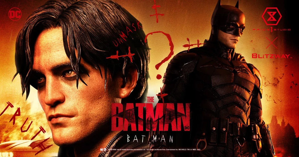 映画『THE BATMAN（2022）』の公式ビジュアル。ロバート・パティンソン演じるバットマンと素顔のブルース・ウェインが対比的に描かれている