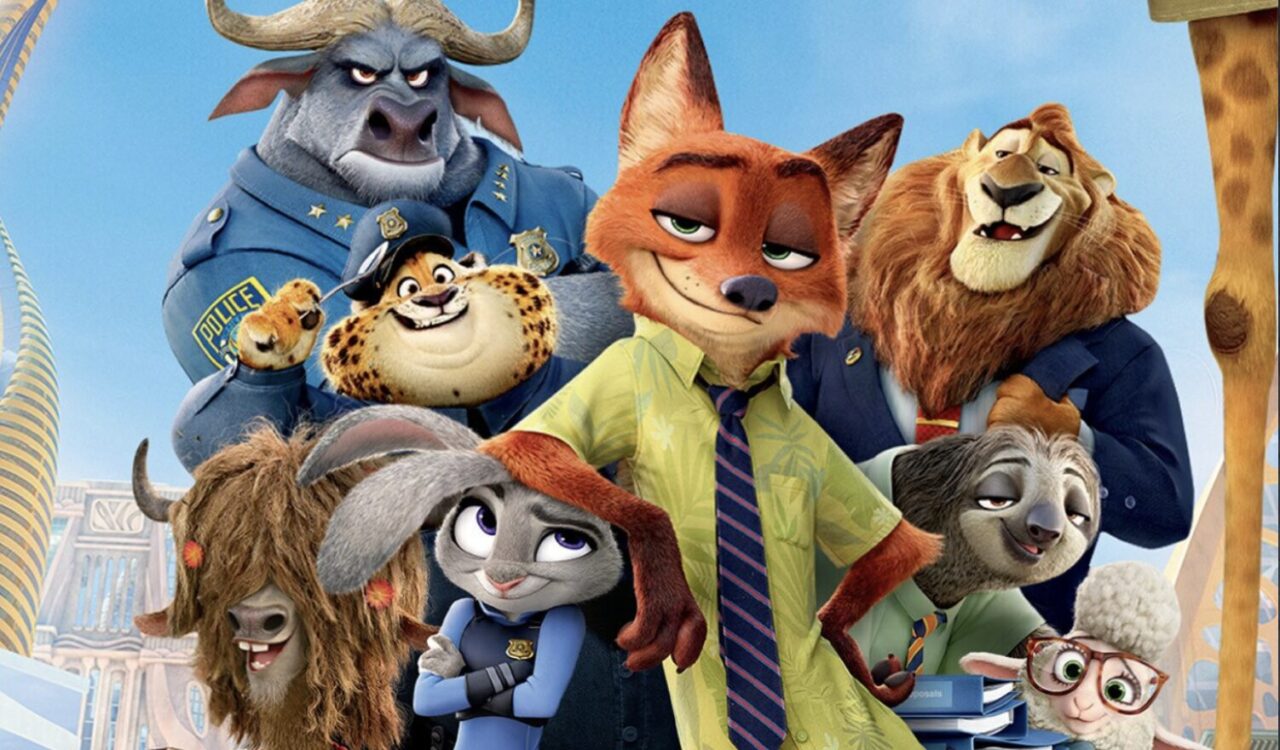 映画『ズートピア』の主要キャラクターが集合したビジュアル。ジュディ・ホップスとニック・ワイルドを中心に警察や市民の動物たちが描かれている